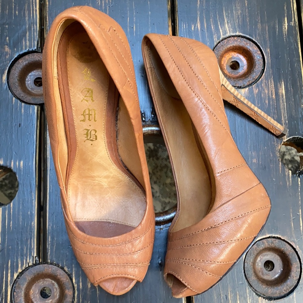 L.A.M.B. Brown Peep Toe Platform Leather Heels